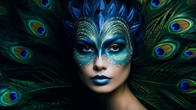 Una mujer con un pavo real pintado en la cara