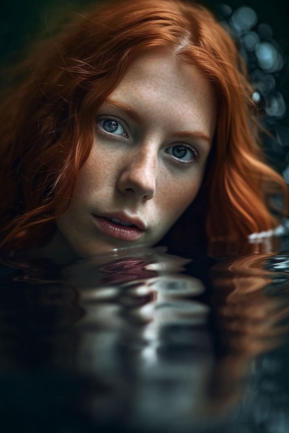 Una mujer con pecas y cabello rojo mira el agua.