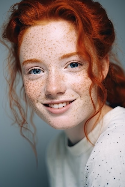 una mujer con pecas y cabello rojo sonriendo