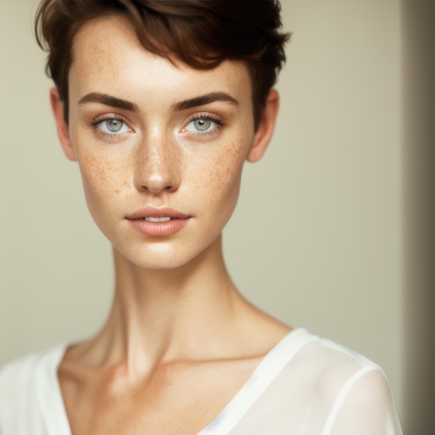 Una mujer con pecas y una camisa blanca.