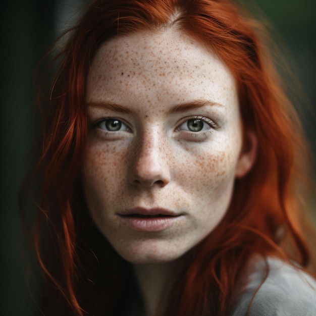 Una mujer con pecas y una camisa gris con la palabra pecas.