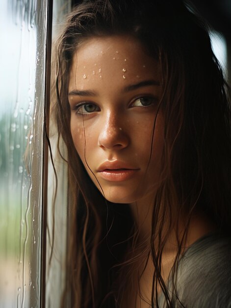 una mujer con pecas en la cara está mirando por una ventana