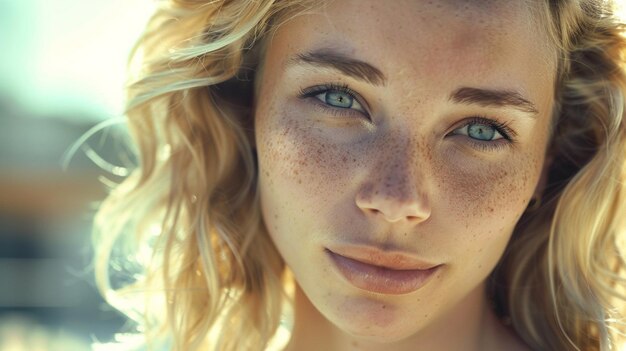 una mujer con pecas en la cara está posando para una foto