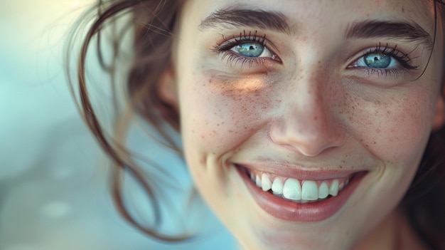 una mujer con pecas en la cara está sonriendo