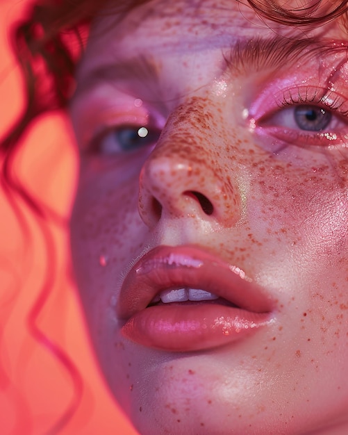 Foto una mujer con pecas en la cara y una pecas rosadas