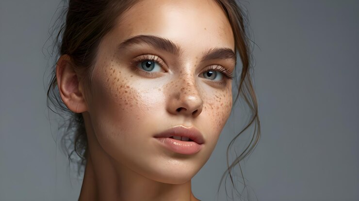 una mujer con pecas en la cara y pecas en el rostro