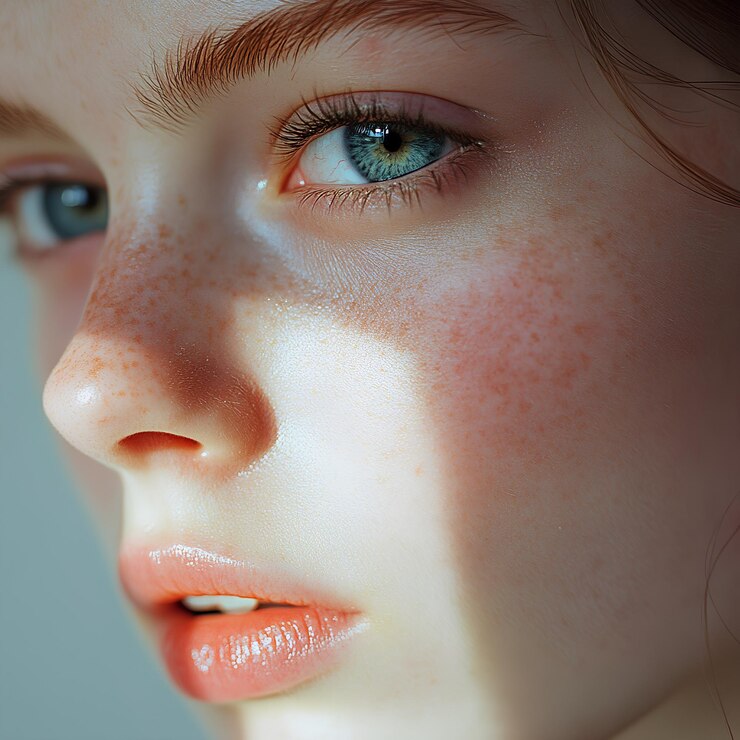 una mujer con pecas en la cara y las pecas en su cara
