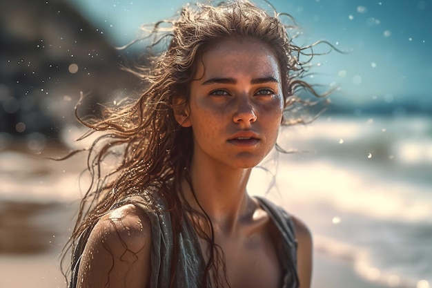 Una mujer con pecas y un fondo de agua.