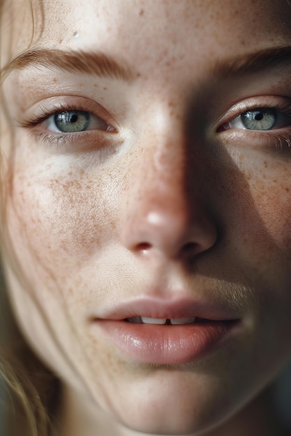 Una mujer con pecas y un ojo azul.