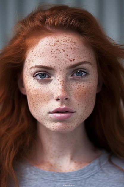 Una mujer con pecas y pecas mira a la cámara.