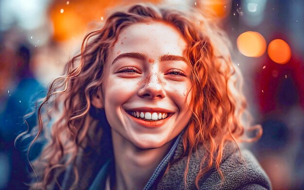 Foto una mujer con pecas sonríe a la cámara.