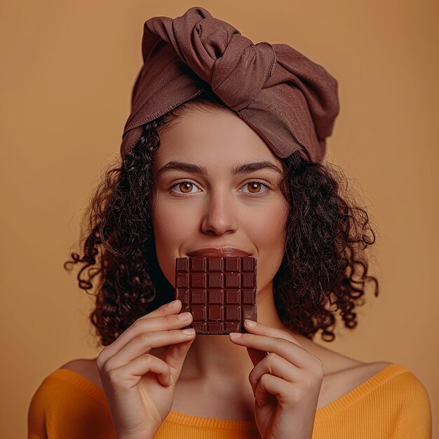 una mujer con un pedazo de chocolate en la boca