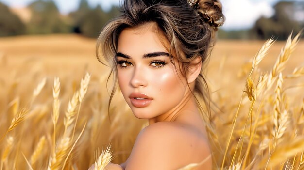 una mujer con un peinado en un campo de trigo