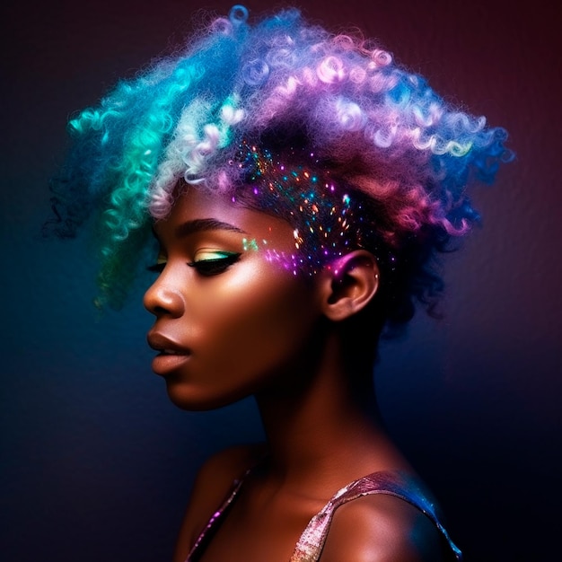 Una mujer con un peinado colorido y cabello negro con un peinado iridiscente de arco iris