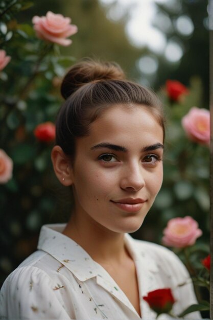 una mujer con un peinado que tiene una flor en el fondo