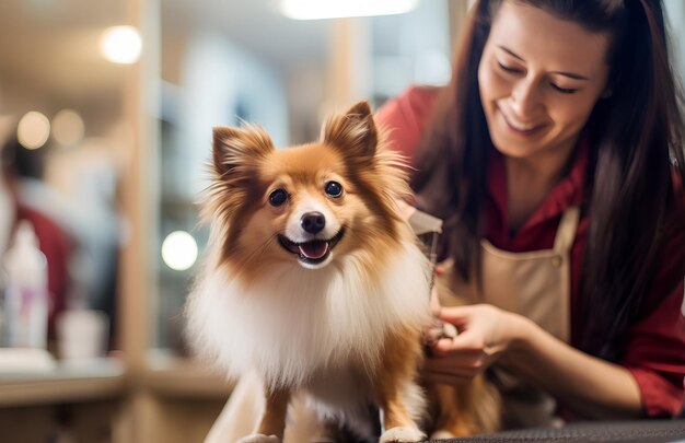 Foto una mujer peinadora de perros corta el pelo de un perro.