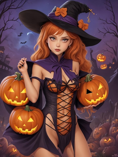 Mujer peligrosa vestida con traje negro y maquillaje de halloween sosteniendo calabaza tallada aislada sobre grito