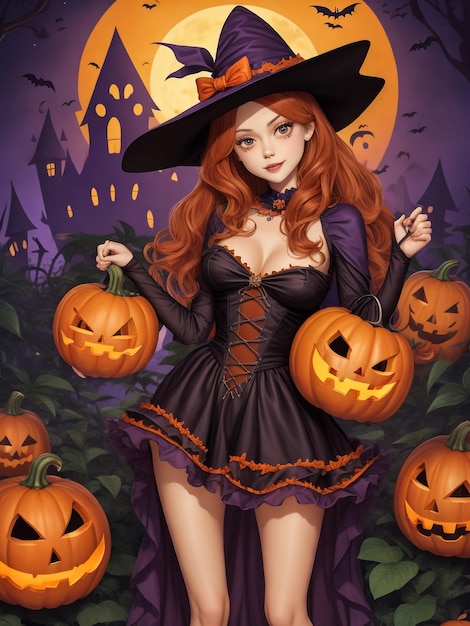 Mujer peligrosa vestida con traje negro y maquillaje de halloween sosteniendo calabaza tallada aislada sobre grito