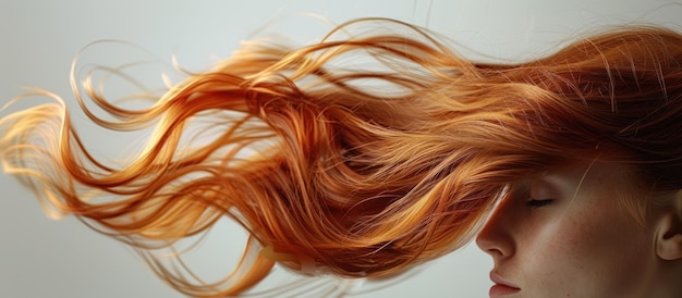 Mujer pelirroja con el cabello soplado por el viento