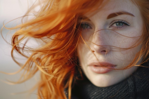 Mujer pelirroja con el cabello soplando en el viento