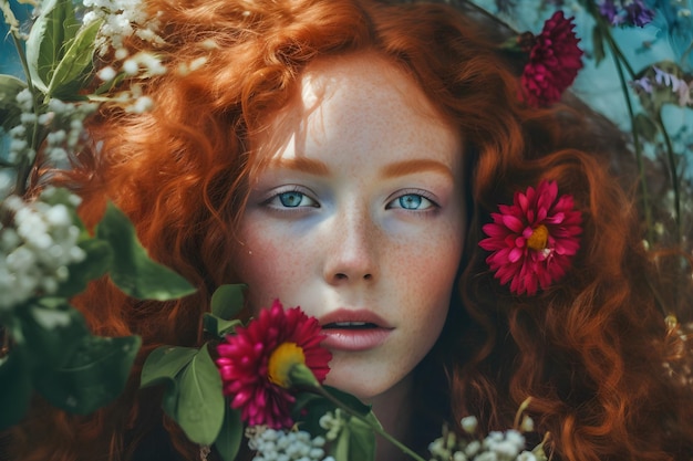 Una mujer pelirroja y con una cabeza de flor rodeada de flores.