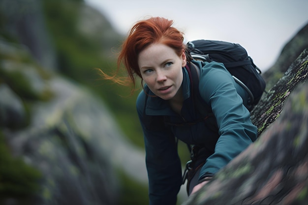 Mujer pelirroja escalador en la montaña