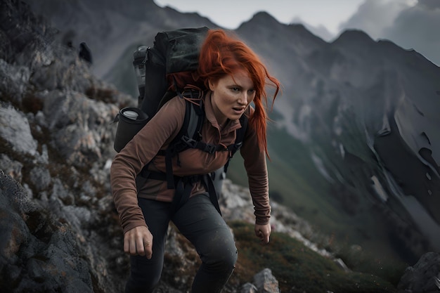 Mujer pelirroja escalador en la montaña