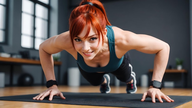 una mujer pelirroja está haciendo flexiones en una alfombra en un gimnasio