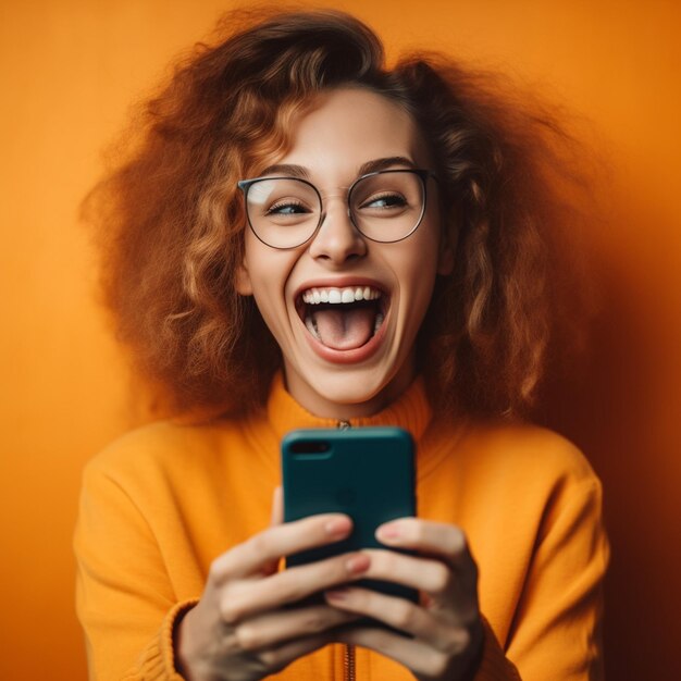 Foto una mujer pelirroja está mirando un teléfono con una sonrisa en su rostro