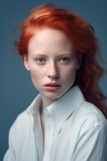 mujer pelirroja de ojos azules con camisa blanca