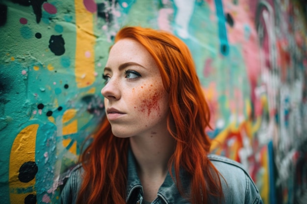 Una mujer pelirroja de pie frente a una pared de grafitis Imagen generativa de IA