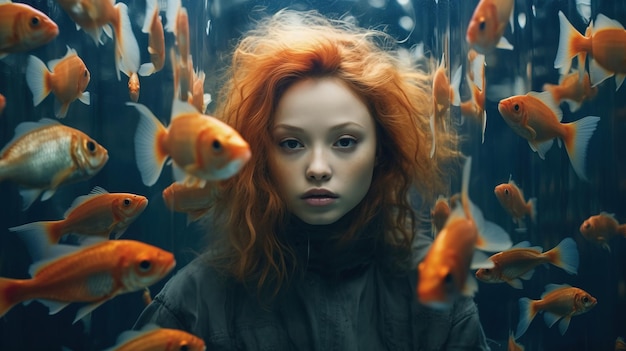 Una mujer pelirroja rodeada de peces dorados Arte generativo con IA