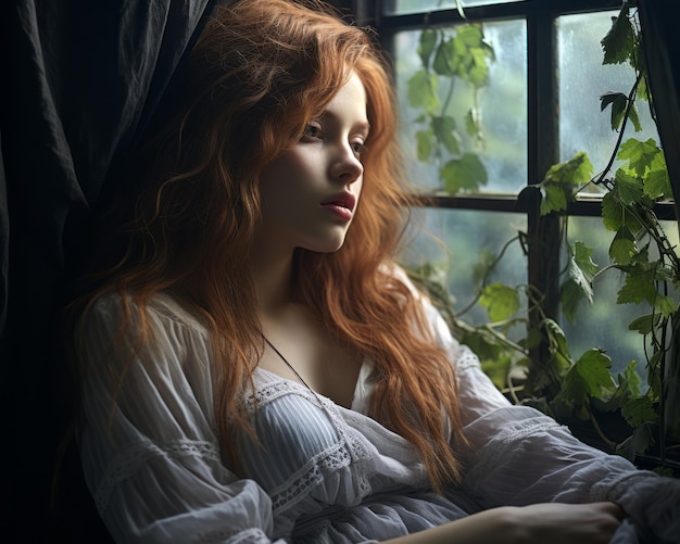 Una mujer pelirroja sentada frente a una ventana.