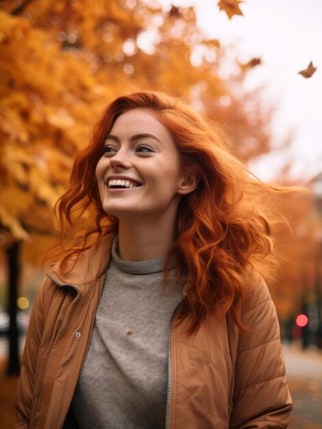 una mujer pelirroja sonriendo en el otoño