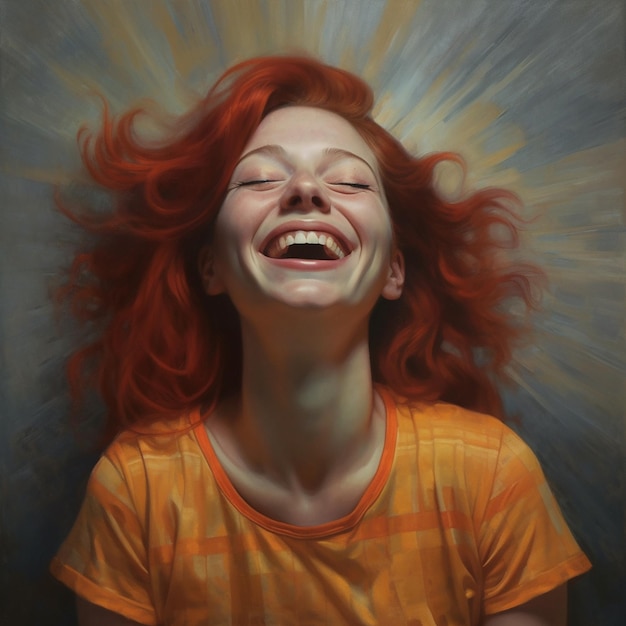 una mujer pelirroja sonriendo y riendo.
