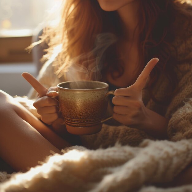 Mujer pelirroja sosteniendo una taza de café con dos pulgares hacia arriba