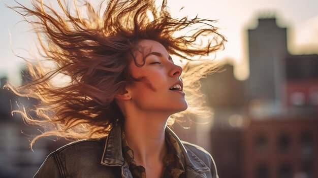 Una mujer con el pelo al viento