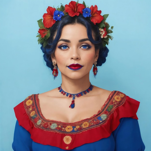 Una mujer con el pelo azul y una corona de flores en la cabeza vestido tradicional latino