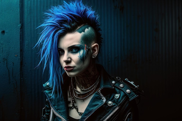 Una mujer con el pelo azul y una cresta con la palabra punk.