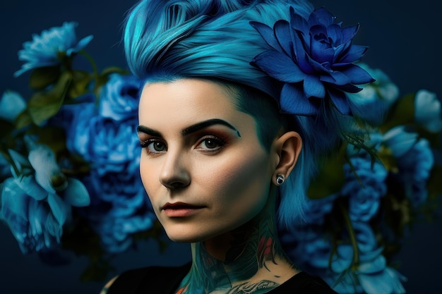 Una mujer con el pelo azul y una flor en la cabeza.