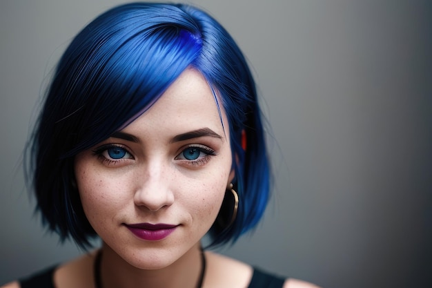 Una mujer con el pelo azul y un top negro.