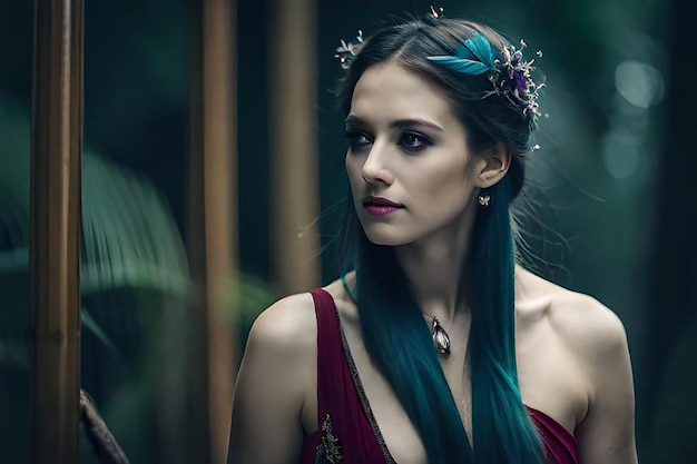 Una mujer de pelo azul y vestido rojo con una corona de flores en la cabeza.