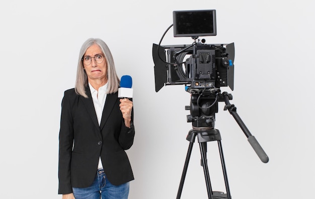 Mujer de pelo blanco de mediana edad mirando perplejo y confundido y sosteniendo un micrófono. concepto de presentador de televisión