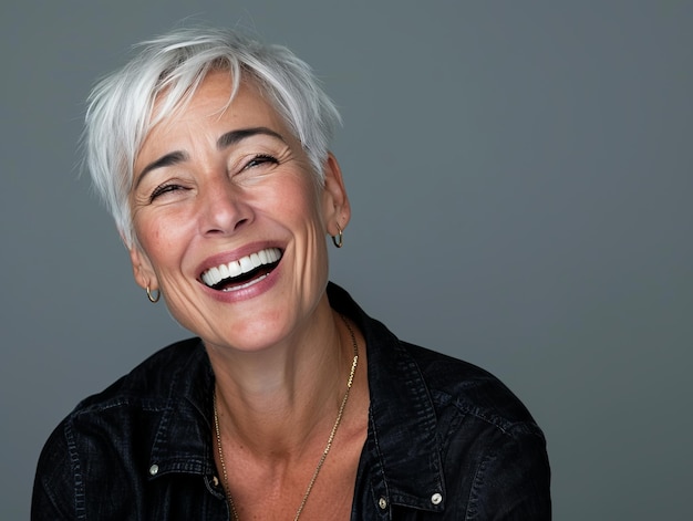 Foto una mujer con pelo blanco y una sonrisa.