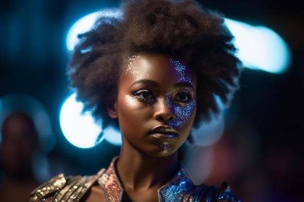 Una mujer con el pelo brillante mira a la cámara.