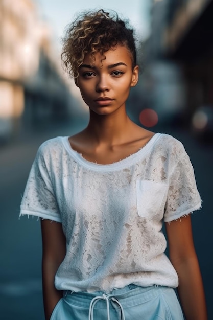 Foto una mujer de pelo corto se para en la calle.