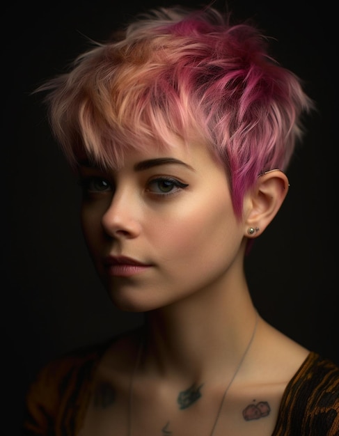 Una mujer con el pelo corto y una cresta rosa.