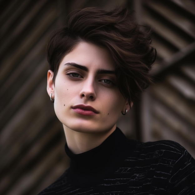 Una mujer de pelo corto y cuello alto negro.