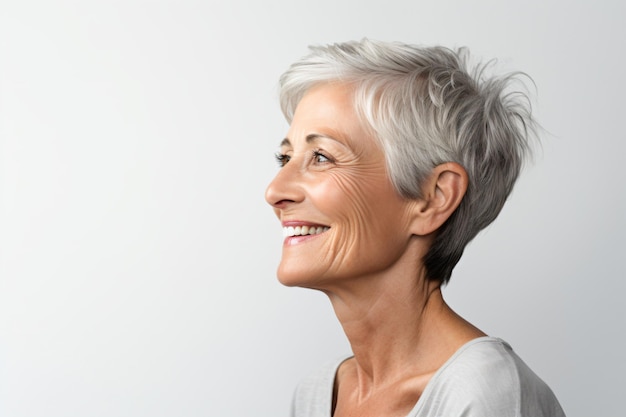 una mujer con el pelo corto y gris sonriendo