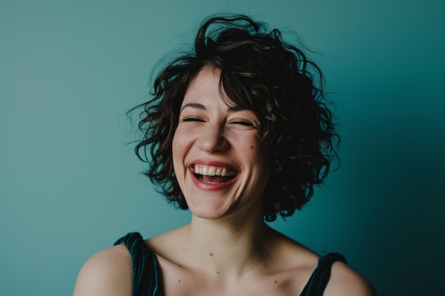 Una mujer con el pelo corto y rizado riendo.